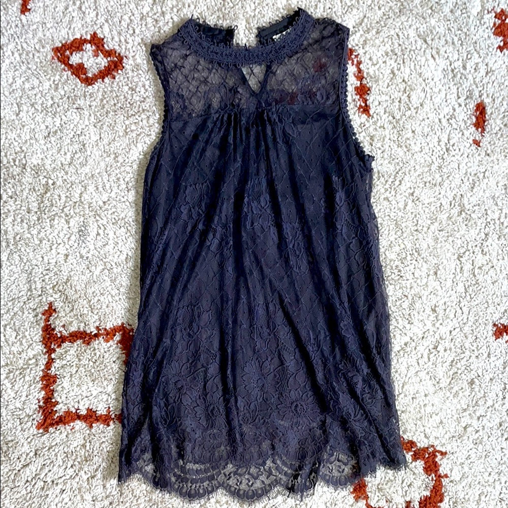 Ultra Pink- Sz Sml- Navy Blue- Lace Tank Top- High Button Up Collar